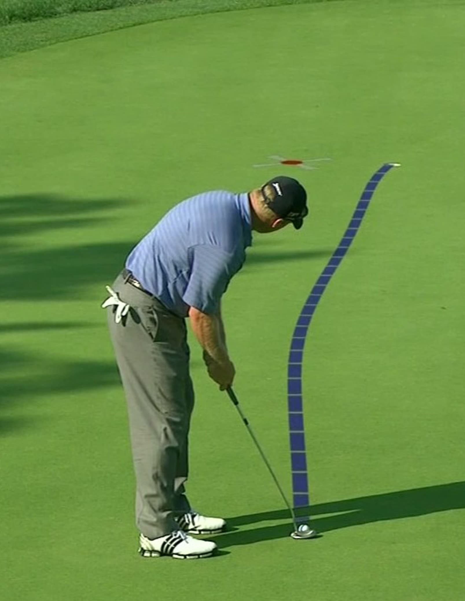 Player putting with the AimPoint virtual putting line graphic overlaid on the green